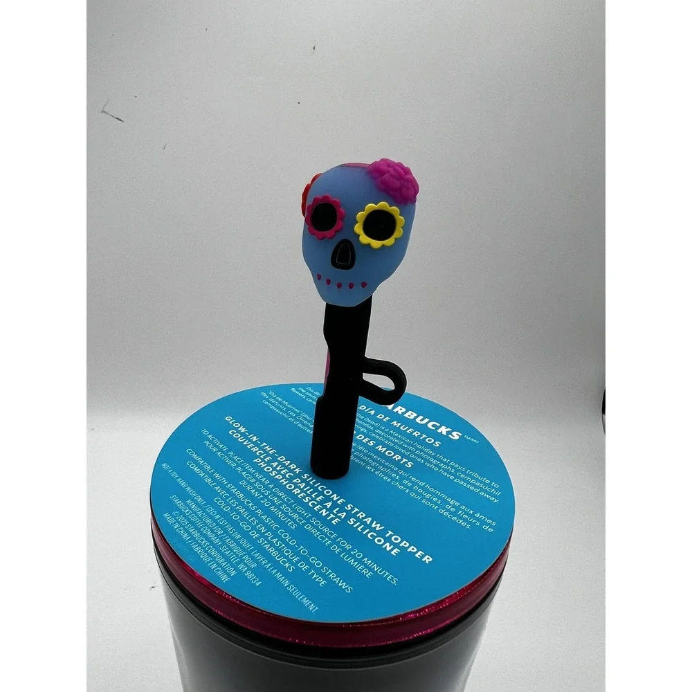 Starbucks Dia De Muertos 24oz Tumbler Cup Glow Dark Skull‎ Straw Holographic
